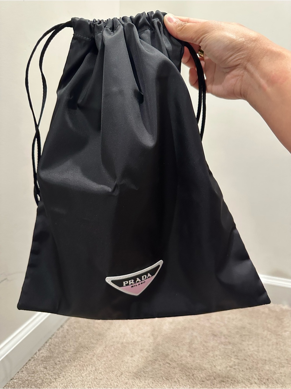 Prada Black Cotton Drawstring Pouch with Triangle Logo